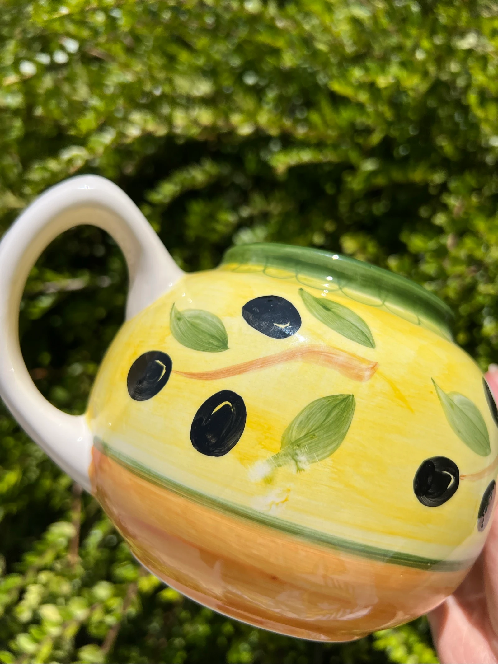 🫒 Vintage keramische theepot L. Dake & Zn Amsterdam geel met olijven decor – photo 11